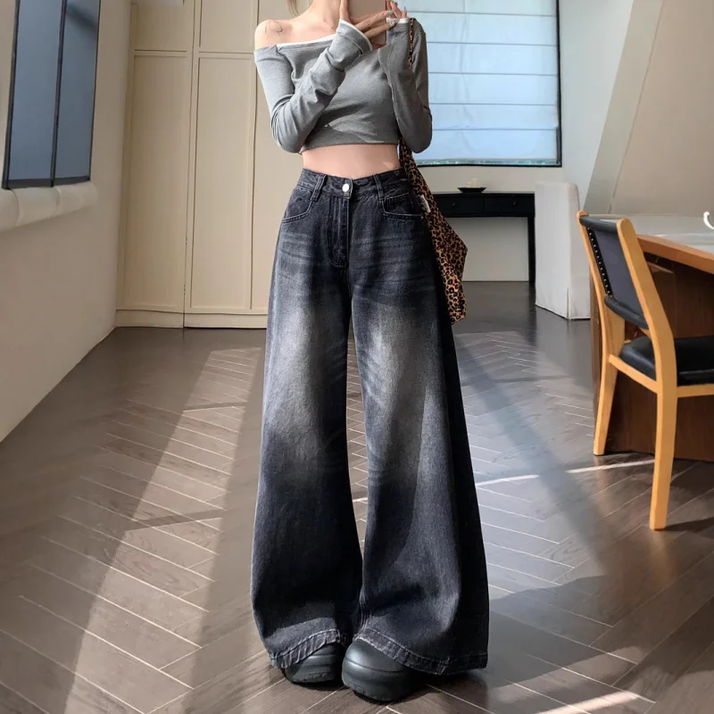 

American Style New High Waist Denim Long Pants for Women, Washed Design, Large Hem, Loose Wide Leg, Floor-Length Pants