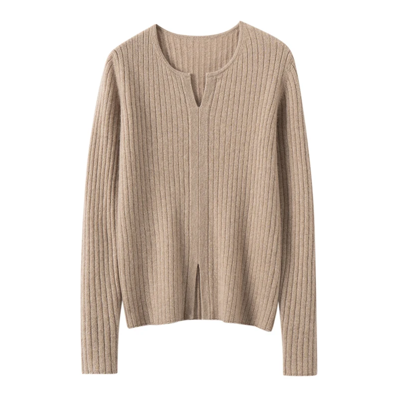 Autumn Winter Women 100% Premium Cashmere Ribbed Knit Notch Collar Sweater Simple Elegant Exquisite Solid Color Base Layer Top