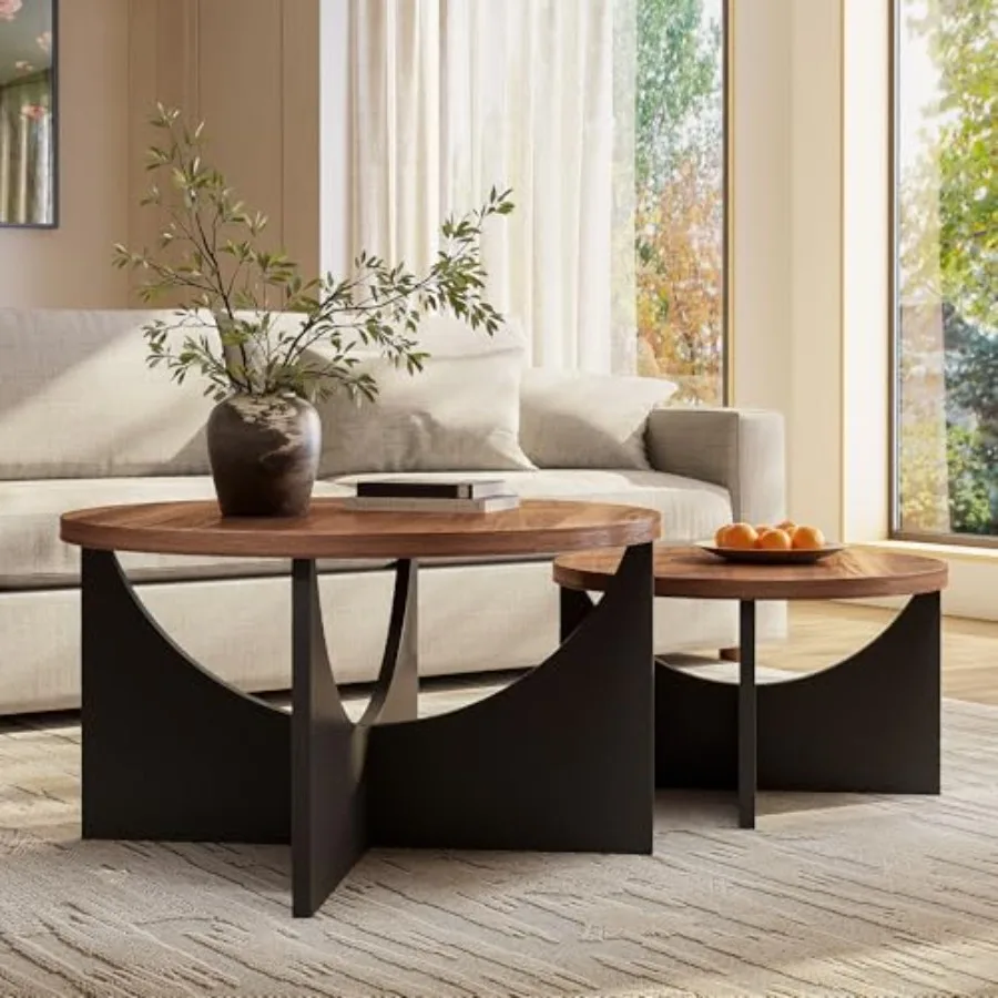 Nesting Coffee Tables Set of 2 for Living Room, Metal and Wood, Black and Walnut, Space-Saving Stackable Design
