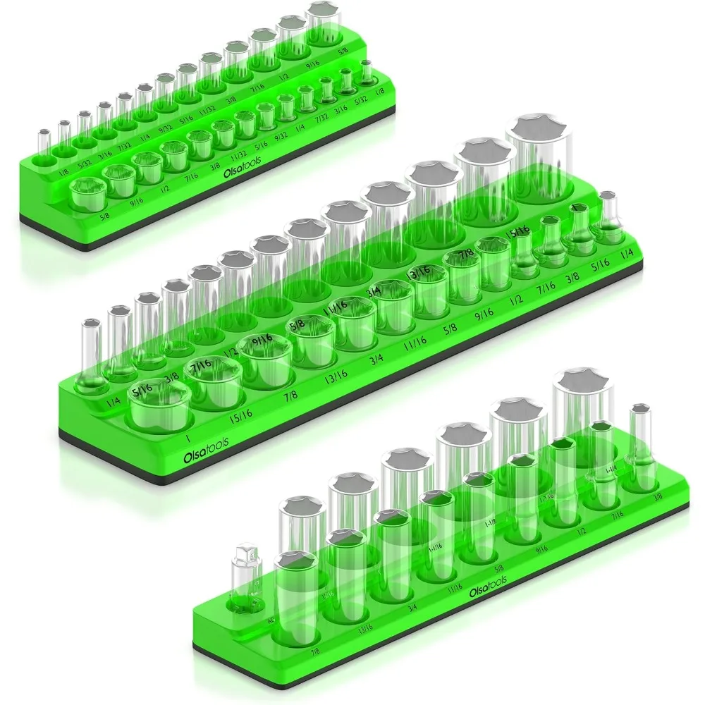 

Magnetic Socket Organizer Set 3 Pcs 1/2 3/8 1/4 Inch Drive SAE Green Tool Holder for 68 Sockets