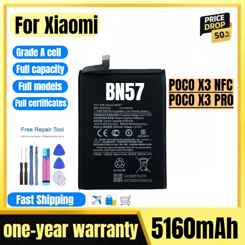

BN57 for Xiaomi POCO X3 NFC/POCO X3 PRO Phone Battery High Quality High Capacity Replacement Bateria Grade A Cell with Tools