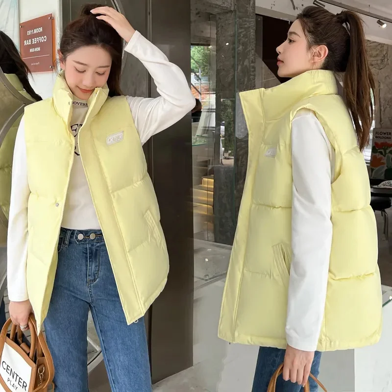 가을 겨울 따뜻한 크롭 조끼 자켓 여성용 패션 민소매 스탠드 칼라 지퍼 업 퍼퍼 양복 조끼 스트리트 스타일 아웃웨어