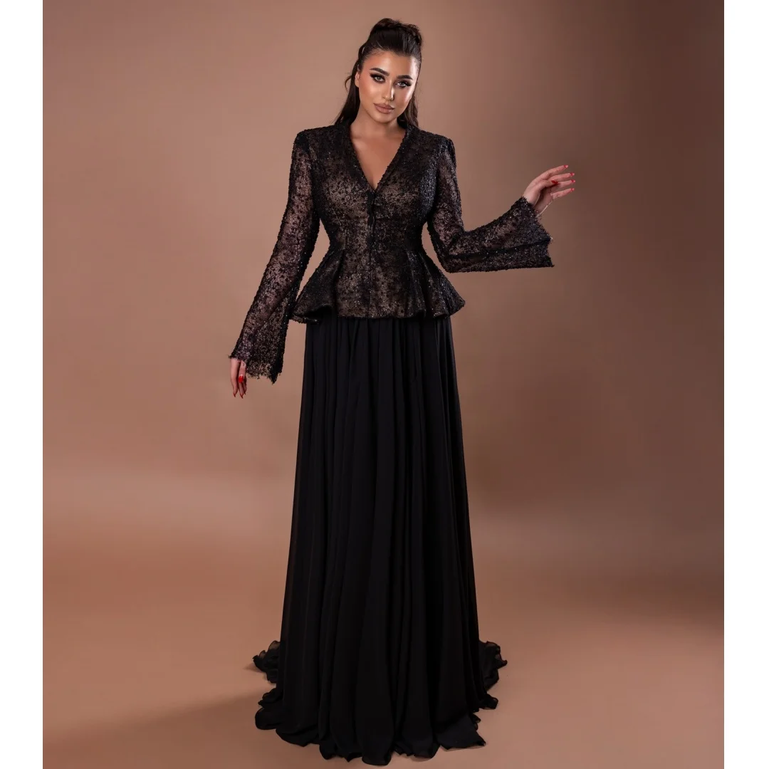 

2 Pcs Evening Dresses Pleat Skirt V Neck Lace Long Sleeve Prom Dress Elegant Shiny Party Gown Gala Vestidos Customized