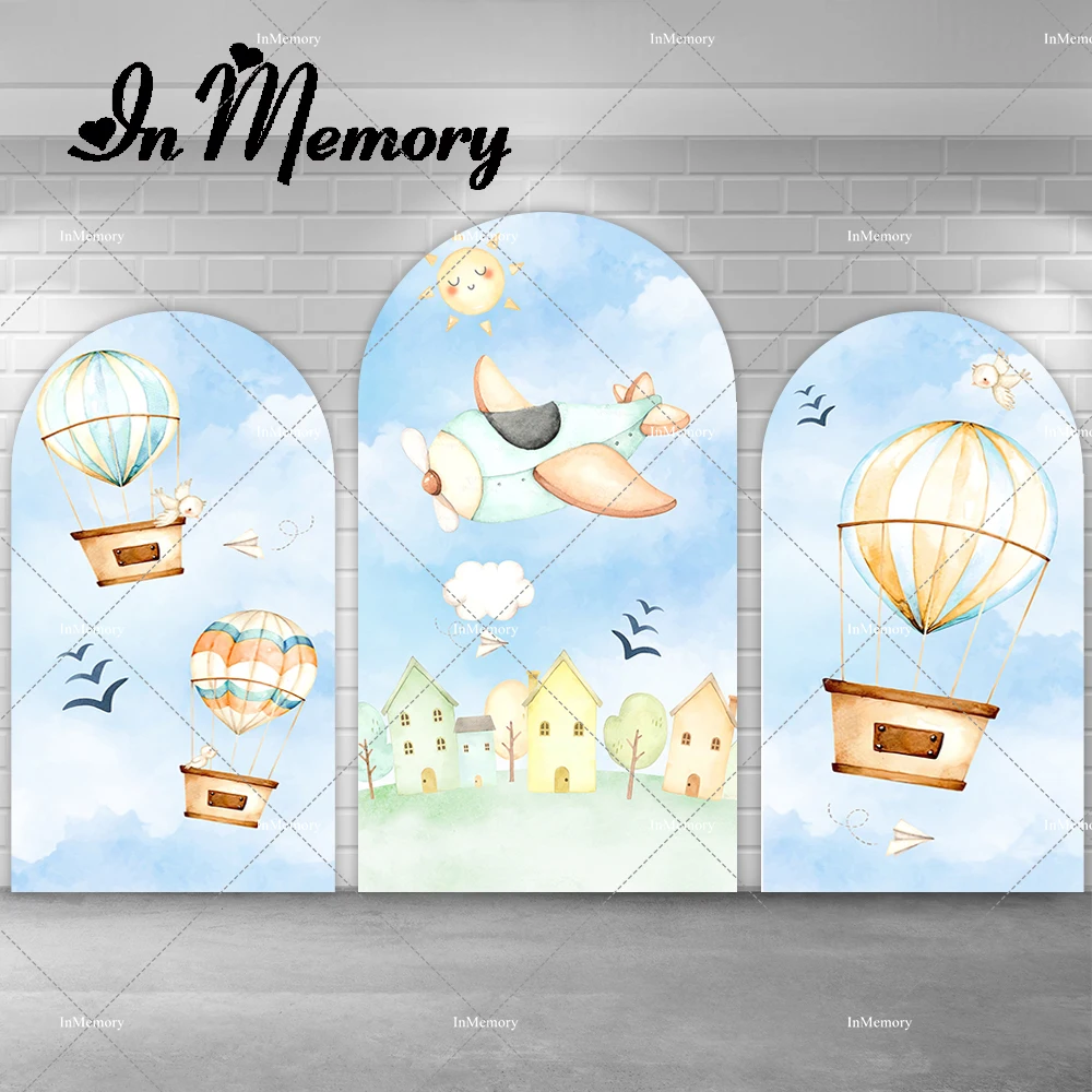 Sky Blue Clouds Airplane Baby Shower Arch Cover Wall Backdrop Hot Air Balloons Background Photobooth Banner Doubleside