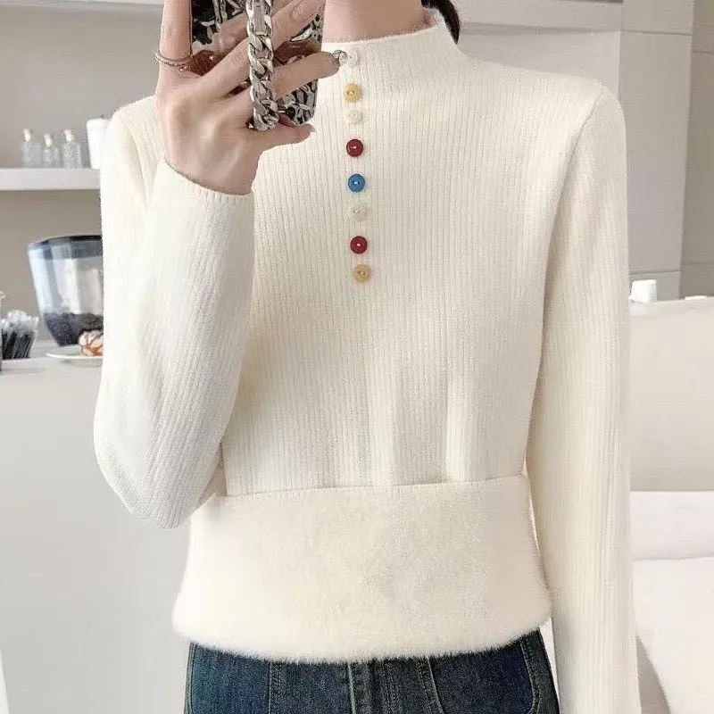 

Autumn Winter Women buckle with thickened velvet Warm Jumpers Female Mock Neck Sweater Pullovers Ladies Solid Casual Knit Tops