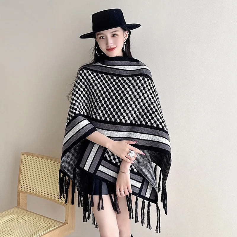 

Fashion Color Matching Stripes Knit Core Yarn Cape Outerwear Autumn Winter Women Split Shawl Wraps Long Tassels