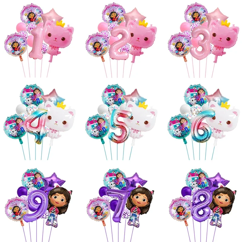 Gabby Dollhouse Cats Number Balloon Children\'s Birthday Party Decoration Latex Aluminum Balloons Girl Gabby\'s Doll Balloon Set