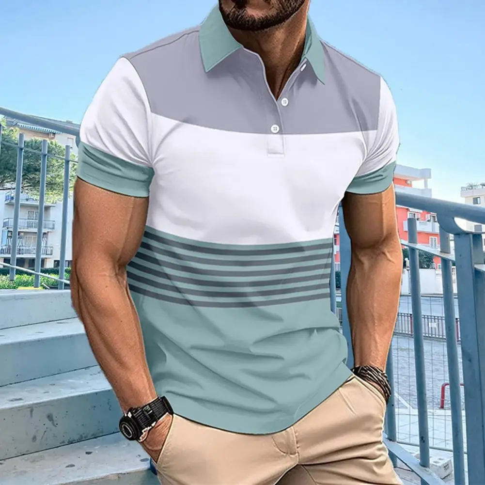 Business Casual Golf Men's Shirts Summer Fashion Short Sleeve T Shirt Gradient Line Printing Tops Daily Oversized Poloshirt