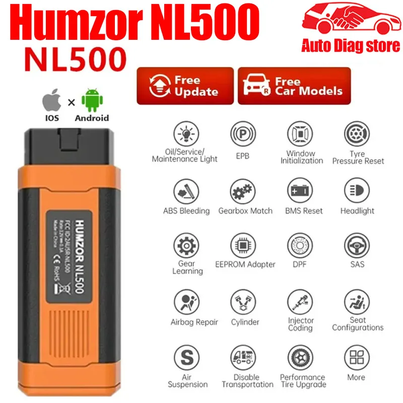 

Humzor NL500 Car OBD2 Diagnostic Scanner Tool App Immo Resetting Odometer Repair Manager Key Programming Update of Humzor NL400