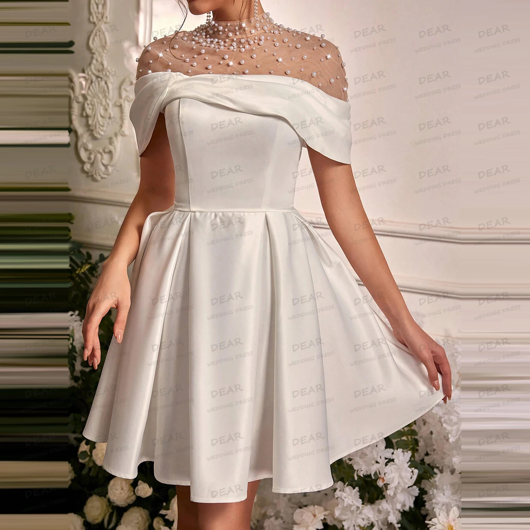 Simples vestidos de casamento curtos uma linha sexy feminino miçangas fora do ombro sem mangas vestidos de noiva festa novia personalizado