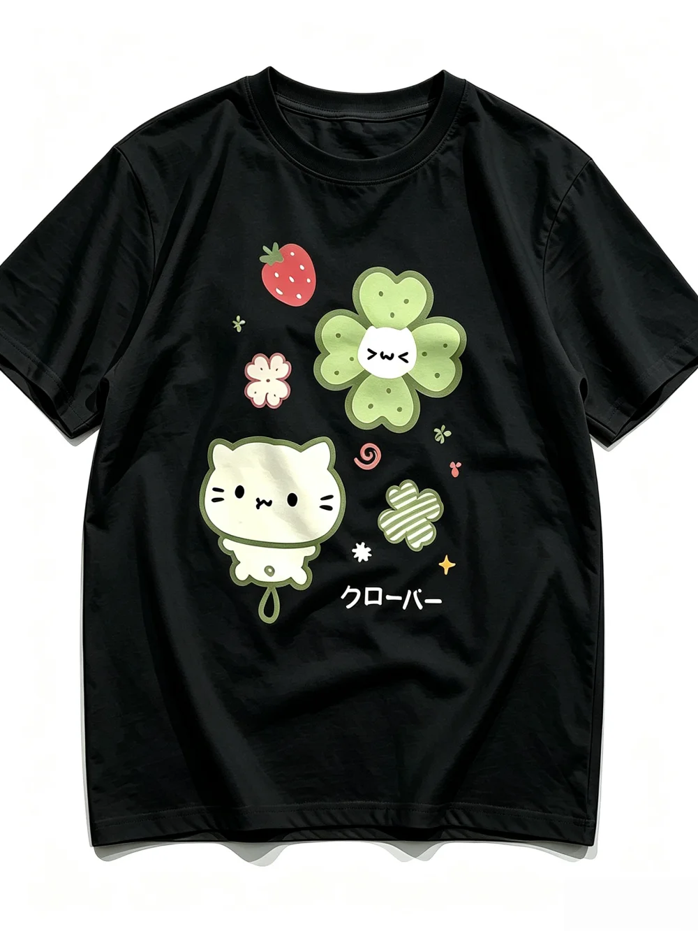2026 Pastellgrünes Kawaii-Katzen-T-Shirt mit vierblättrigem Kleeblatt, japanischem Text und Erdbeer-Grafik, sommerlich, lässig, locker geschnitten, Damen-Oberteil – Detail 3