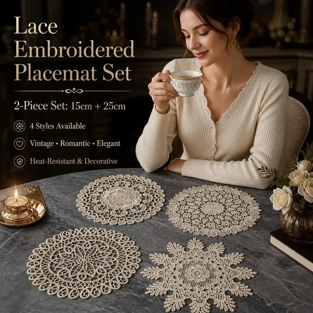 2pcs Retro Embroidered Lace Table Cloth Hollow Out Round Beige Crochet Lace Doily Tea Pad Mat Lace Placemat for Kitchen Table
