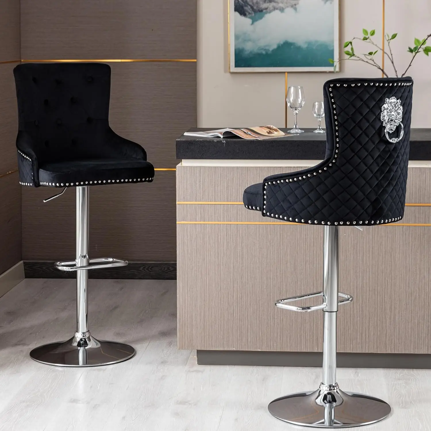 

Bar Stools Set of 4, Counter Height Stools with Footrest, Velvet Adjustable Swivel Kitchen Island Chair,Chrome Base