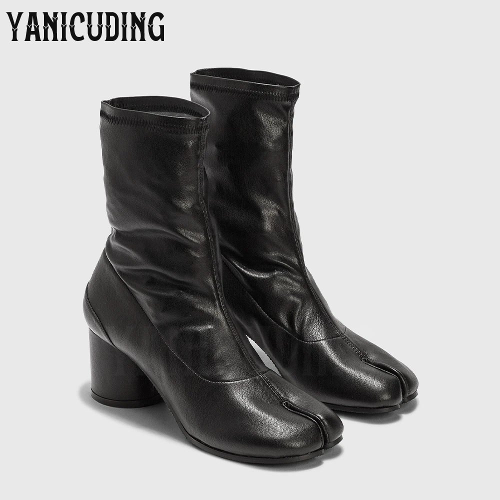 Botki na wysokim obcasie Tabi Stretch Botki damskie Miękkie skórzane botki Designerski styl Wsuwane cylindryczne obcasy Split Toe Comfort Boots