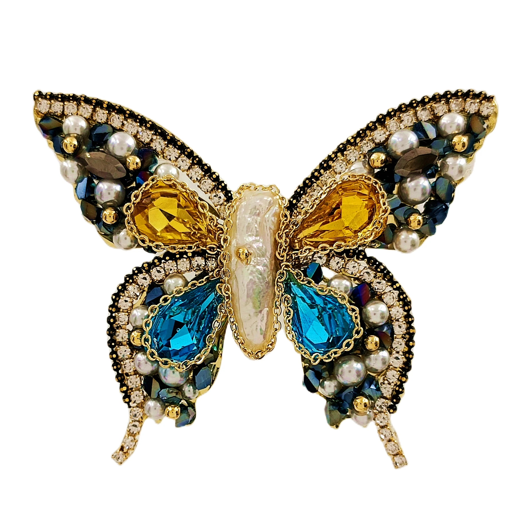 

Gorgeous Crystal and Seed Beads Multi Color Butterfly Brooch Pin with Gold Chain Accent