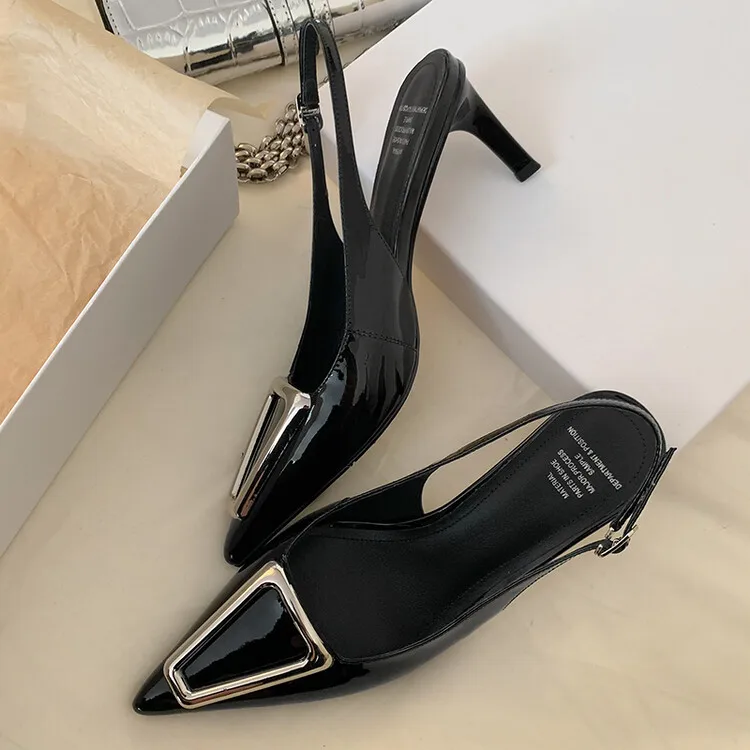 2024Silver Leather Women Slingback Pumps Metal Buckle Shallow High Heels Black Chic Office Lady Work Sandalias Femmes Zapatillas