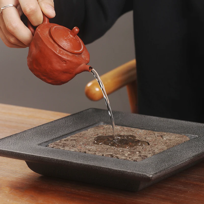 

Square Stone Tea Tray with Drainage Traditional Chinese Antique Style Plate Teapot Saucer Office Home Decor Gongfu Tea Set Tray