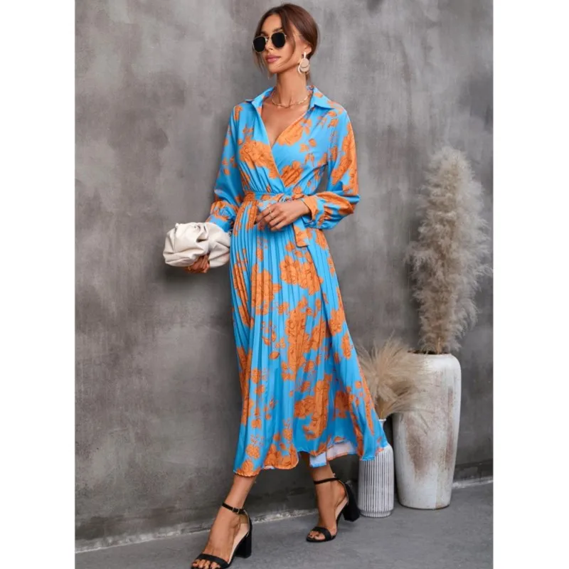 Women's Fashion Floral Printed Long Dresses 2025 Summer V Neck Lace-up Office Lady Elegant Party Vestidos Female Casual Clothing