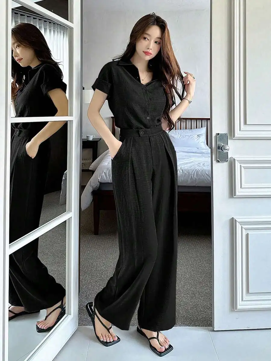 DAZY 2pcs/Set Women Solid Color Short Sleeve Button-Up Shirt And Pleated Wide Leg Pants Casual Outfits Lounge Sets For Women