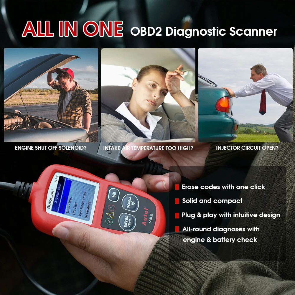 Autel AL319 Obd2 قارئ الرمز يمكن السيارات سيارة الماسح الضوئي أداة تشخيص السيارات لنظام obdii الأساسية obd 2 وظائف