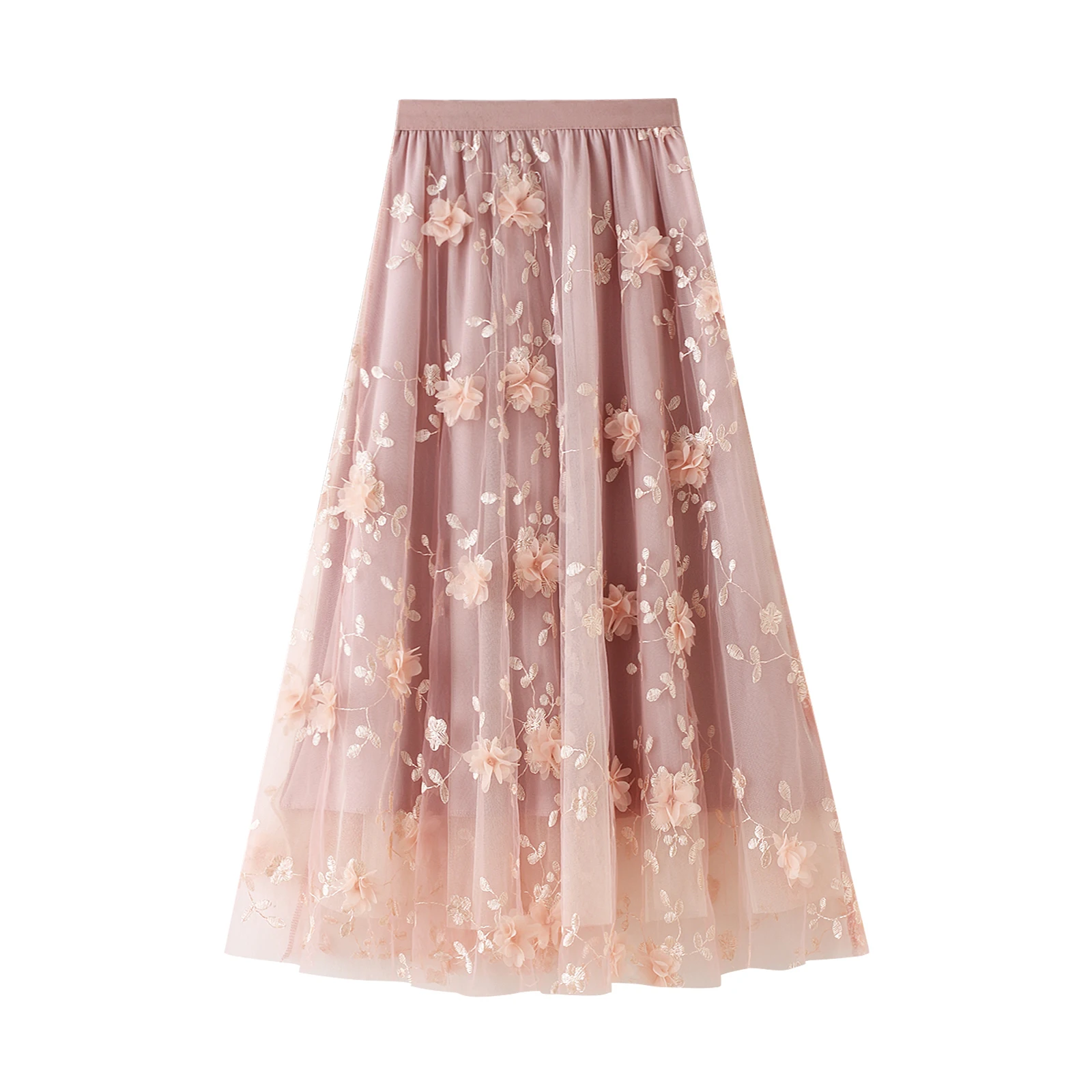 Women's Fashion Long Tulle Skirt Casual High Waist 3D Flower Embroidery Solid Color Midi Swing Skirt