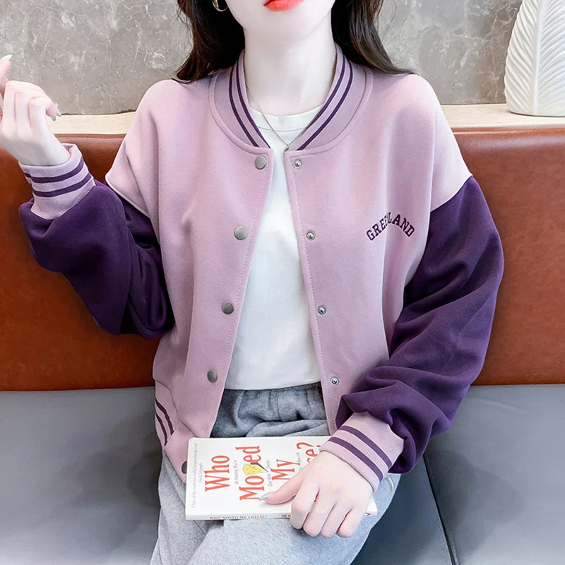 Baseball Jackets Light Blue Womens 2025Spring Knitwear Trendy Wool Boyfriend Sportswear Simple Rhinestones Trekking Kawaii Retro