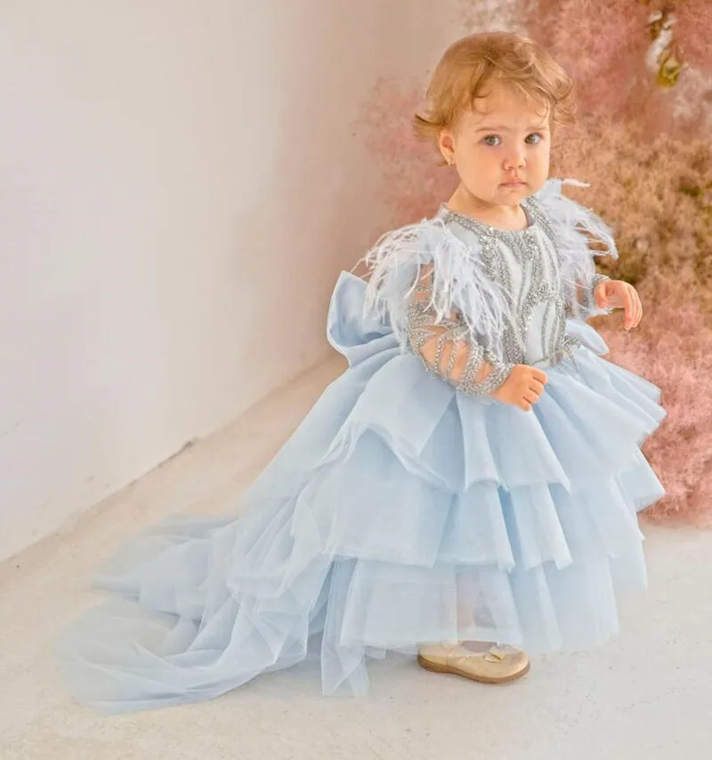 

Handmade Light Blue Flower Girl Dress Wedding Party Kid Dress Tulle Beading Ball Gown Girls Birthday Dresses Kid Size 1-14Y