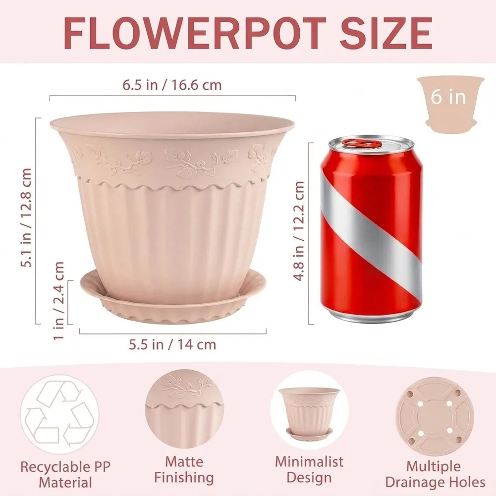 6/8/10 Inch Plant Pots Set 12 Pcs with Matching Saucers Lightweight Drainage Holes for Succulents Herbs Pothos