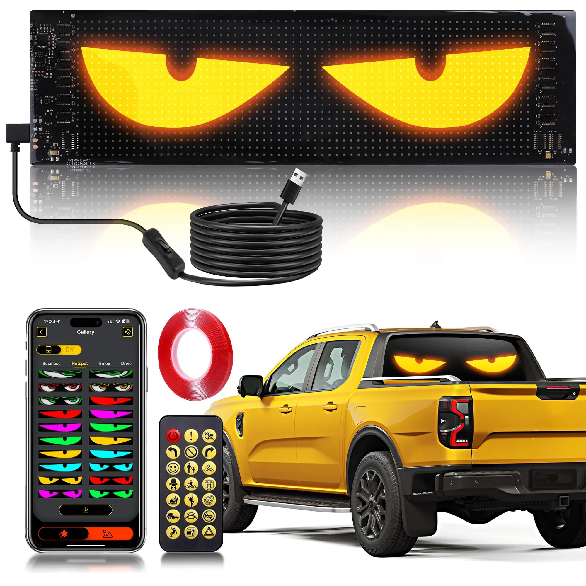 

led Eyes Display 96x16 LED Sign 23.4"x4.73" USB 5V Programmable Scrolling Text/Animation | APP + Remote for Car/Store Ads
