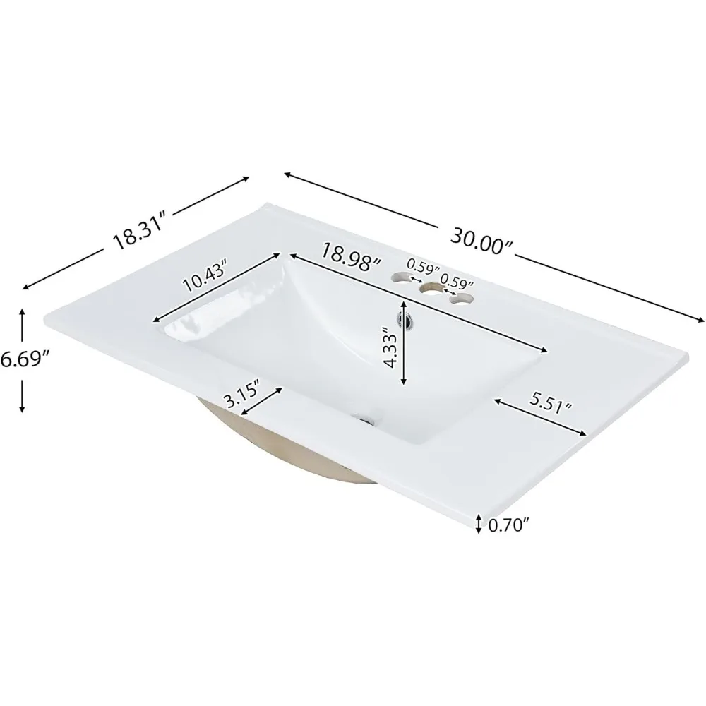 30'' badkamermeubel met enkele wastafelcombinatie, moderne opbergkast met 2 lades, 1 uittrekbare lade en 1 deur, zachte sluiting