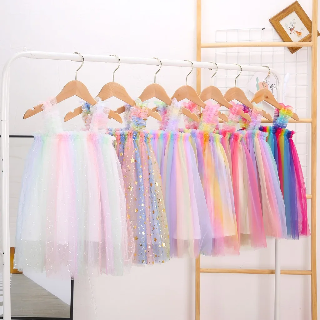 

2024 Summer Toddler Girl Princess Dress Baby Rainbow Unicorn Tulle Costume Kids Sleeveless Strap Dresses Birthday Party Clothes