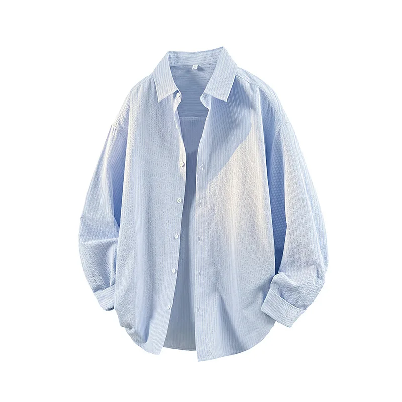 Autumn New Fashion Men Blue Purple Yellow Striped Loose Fit Turn-down Collar Long Sleeve Breasted Shirts Male Casual Trendy Tops