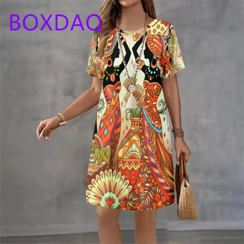 

Retro African Style Print Women Dress New 2025 Summer Women Dress Streetwear Clothes Short Sleeve O-Neck Loose Casual Mini Dress