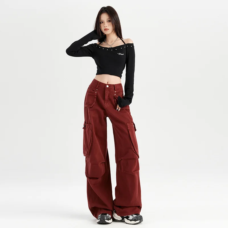 Amerikaanse Ankara rood geverfde overall herfst Hong Kong-stijl hoge taille multi-pocket losse wijde pijpen hoge taille dun