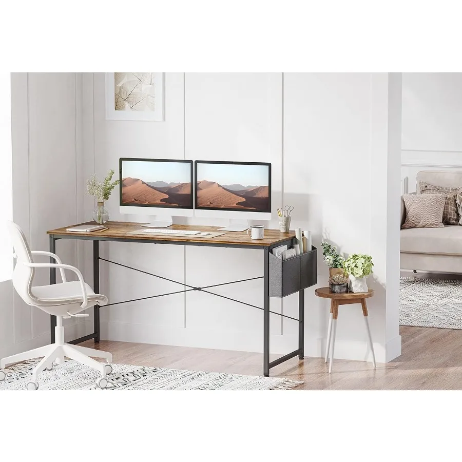 مكتب كمبيوتر حديث وبسيط مقاس 55 بوصة للكتابة والدراسة في المكاتب المنزلية مع حقيبة تخزين متكاملة لون بني مثالي f #2