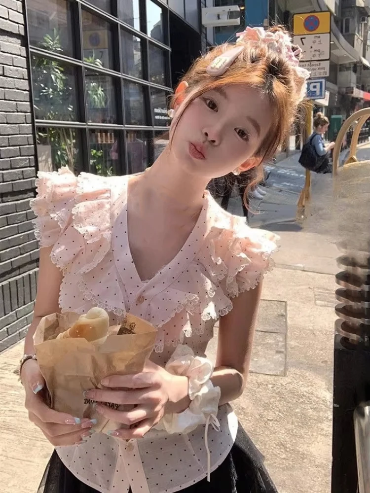 

Y2k Aesthetic Sweet Polka Dot Women Blouse Vintage Single Breasted Blusas Lace Patchwork Fairy Summer Feifei Sleeves Grunge Tops