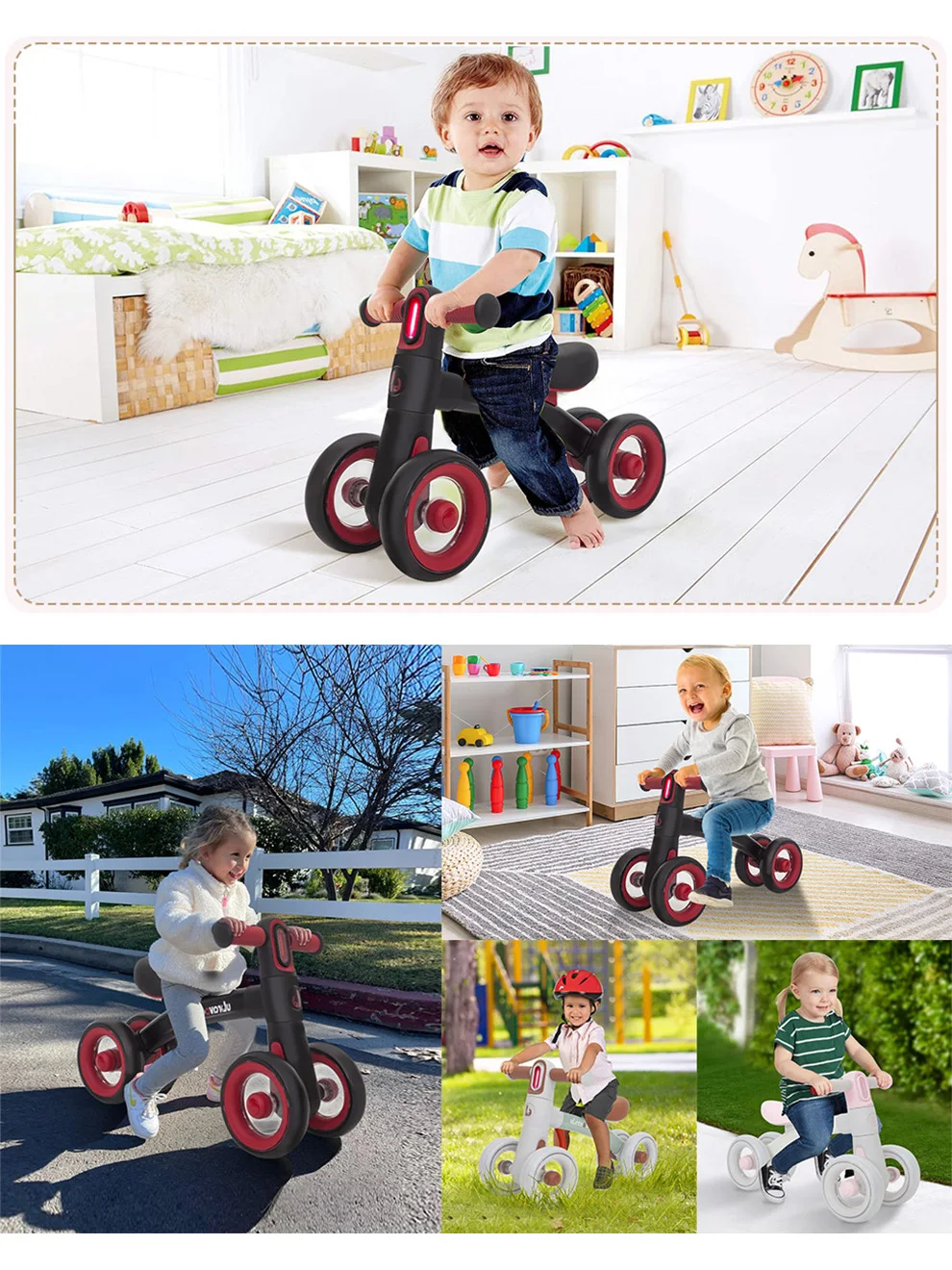 Balance Bike for Baby Boys and Girls, Toddler Bike, 4 Rodas, 1 Ano, 2 Anos de Idade