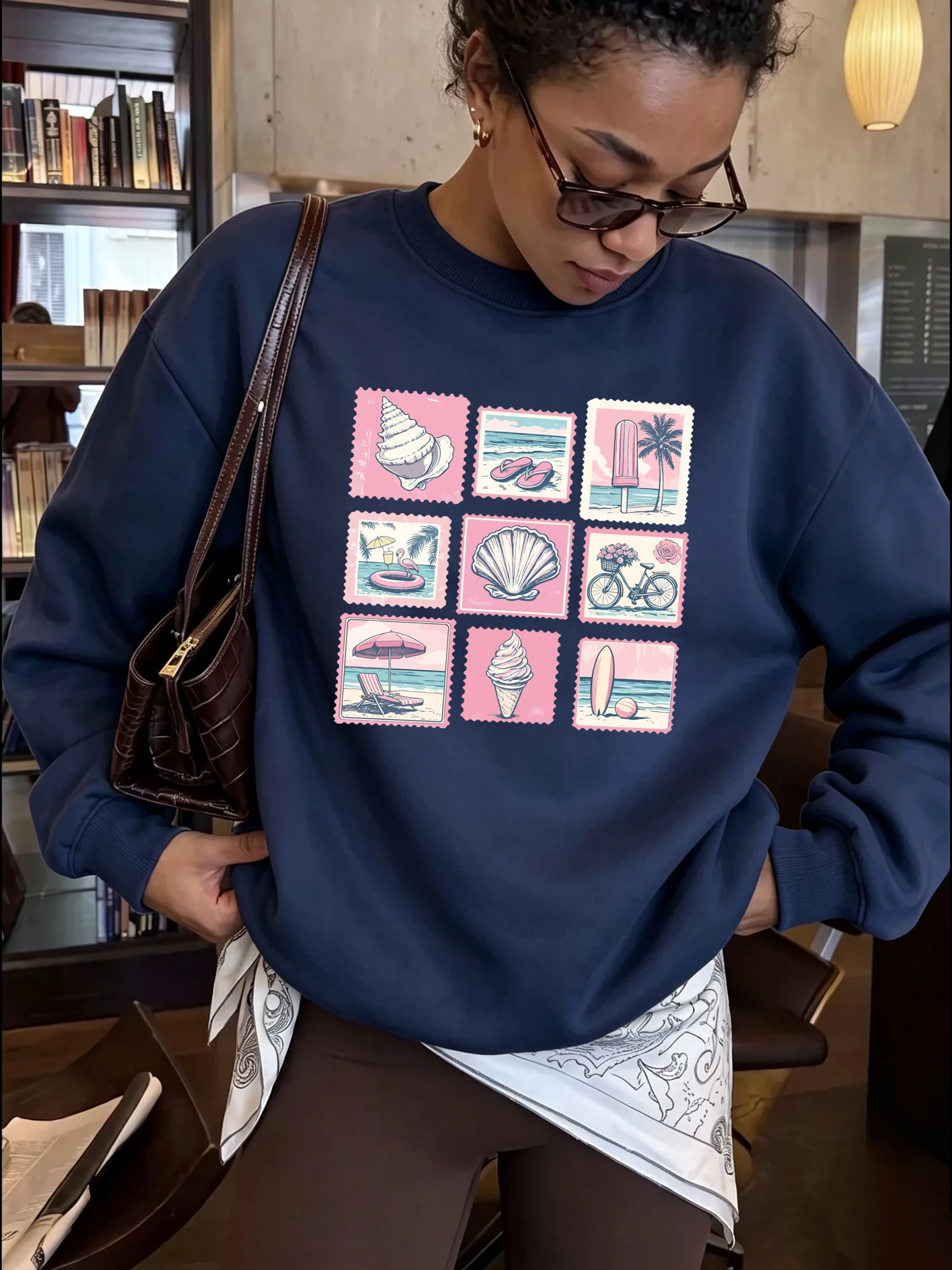 Vintage Shell Beach Stempelprint Damen Pullover Lockerer Fleece-Sweatshirt Herbst Y2K Kleidung Rundhals Jogging Sportbekleidung – Detail 12