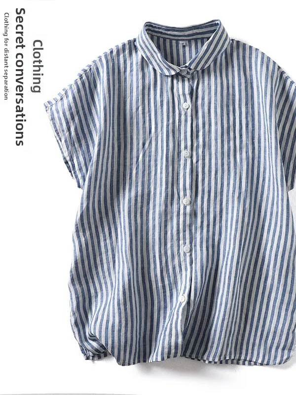 

Loose Fit Striped Shirt Short Sleeve Turn-down Collar Single Button Casual Open Cardigan Top Summer Women's plus Size Fashion