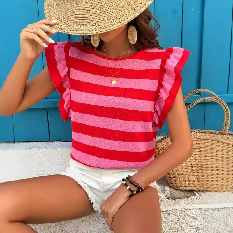 2023 sommer Gestreiften Patchwork Rüschen Colorblock Casual T Shirt Frauen O Hals Ärmel Schlank Vielseitig Hipster Street Tees