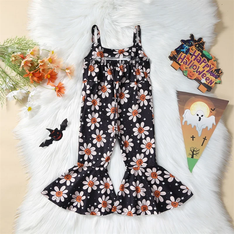 Kid Girls Jumpsuit Spaghetti Straps Flower Witch Hat Pumpkin Print Romper Halloween Costume