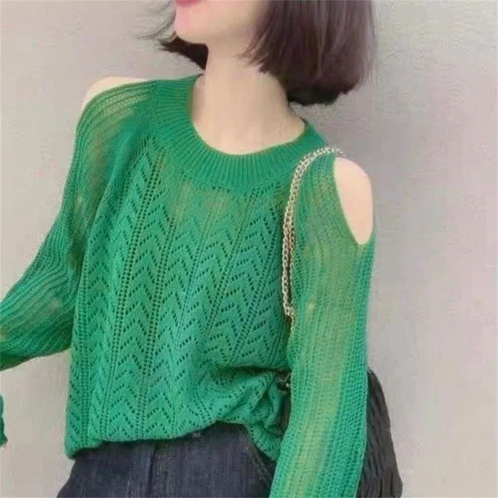 

Винтажный ажурный вязаный свитер, элегантный женский пуловер с открытыми плечами, весна-лето 2022, новые милые свободные пуловеры, тонкие топы