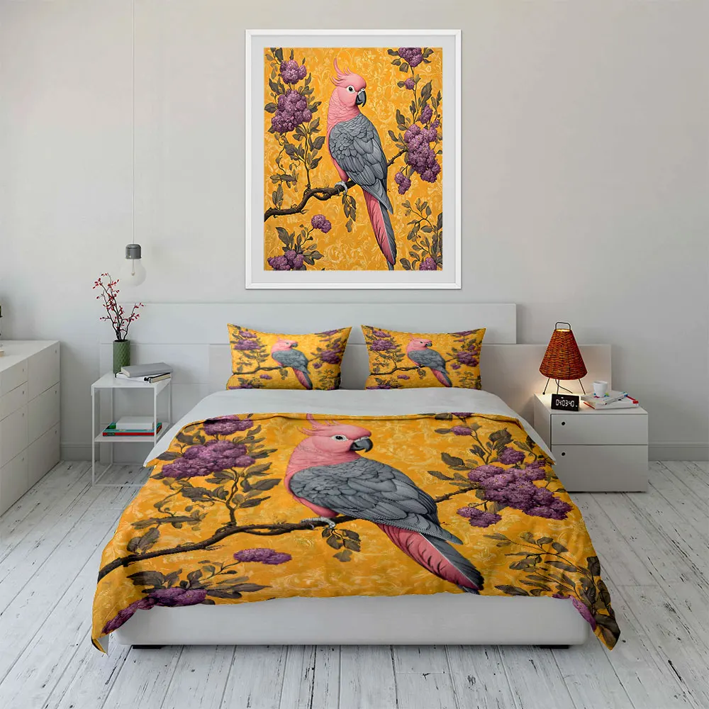 Pink parrot on floral branch Bedding Set for Kids Luxury Gift 3pcs Digital Print Comforter Set Soft Comfortable Breathable