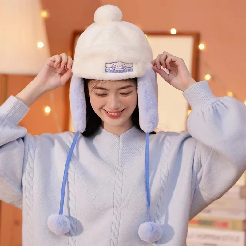 Kawaii Sanrio Peripherals My Melody Kuromi Cinnamoroll Cartoon Winter Plush Windproof Hat Girl Going Out Ear Protection Hat