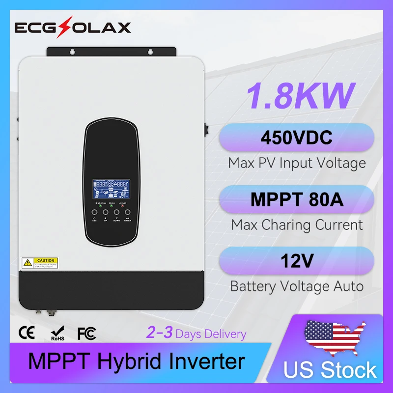 ECGSOLAX 1.8KW Hybrid Solar Inverter 12V 220V Off Grid Inverter Built in 80A MPPT Charg Controller Pure Sine Wave Solar Inverter
