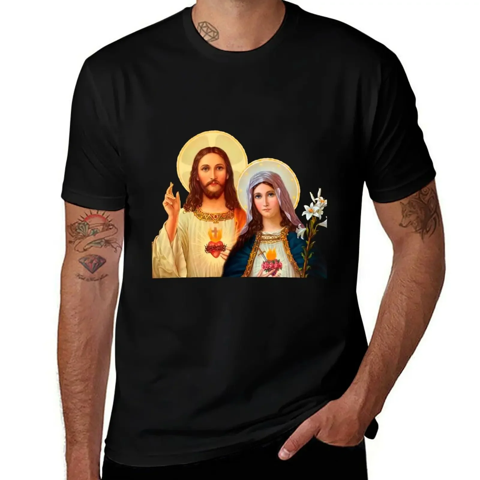 Twin Hearts - II (Jesus and Mary) transparent background T-Shirt anime clothes street wear sports fans mens clothing