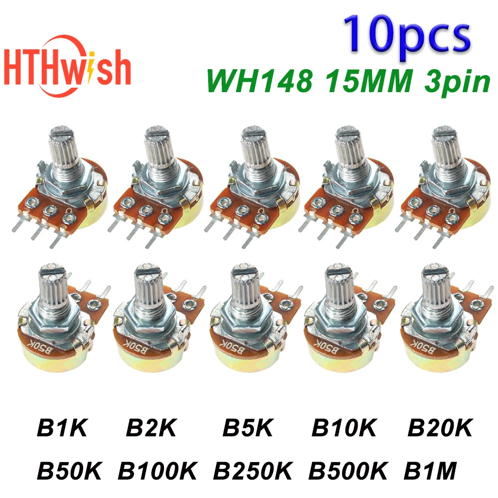 10PCS 15mm 3pin WH148 Linear Potentiometer With Nuts And Washers 1K 2K 5K 10K 20K 50K 100K 250K 500K 1M Potentiometers Kit