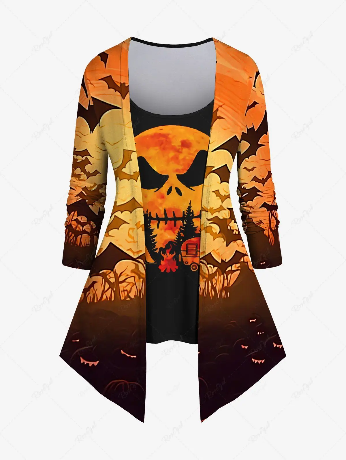 Autumn 2023New Halloween 3D Skull Rose Flower Plaid Bird Pumpkin Bat Flame Print 2 in 1 T-shirt Or Flare Pants Daily Casual Set