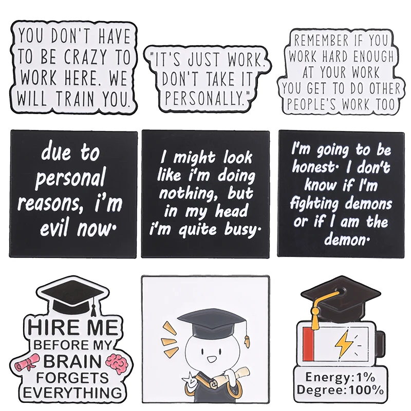 Sarcastic Office Enamel Pins Graduation Cap Brooches Funny Work Quotes Badges Coworker Humor Jewelry Gift for Students