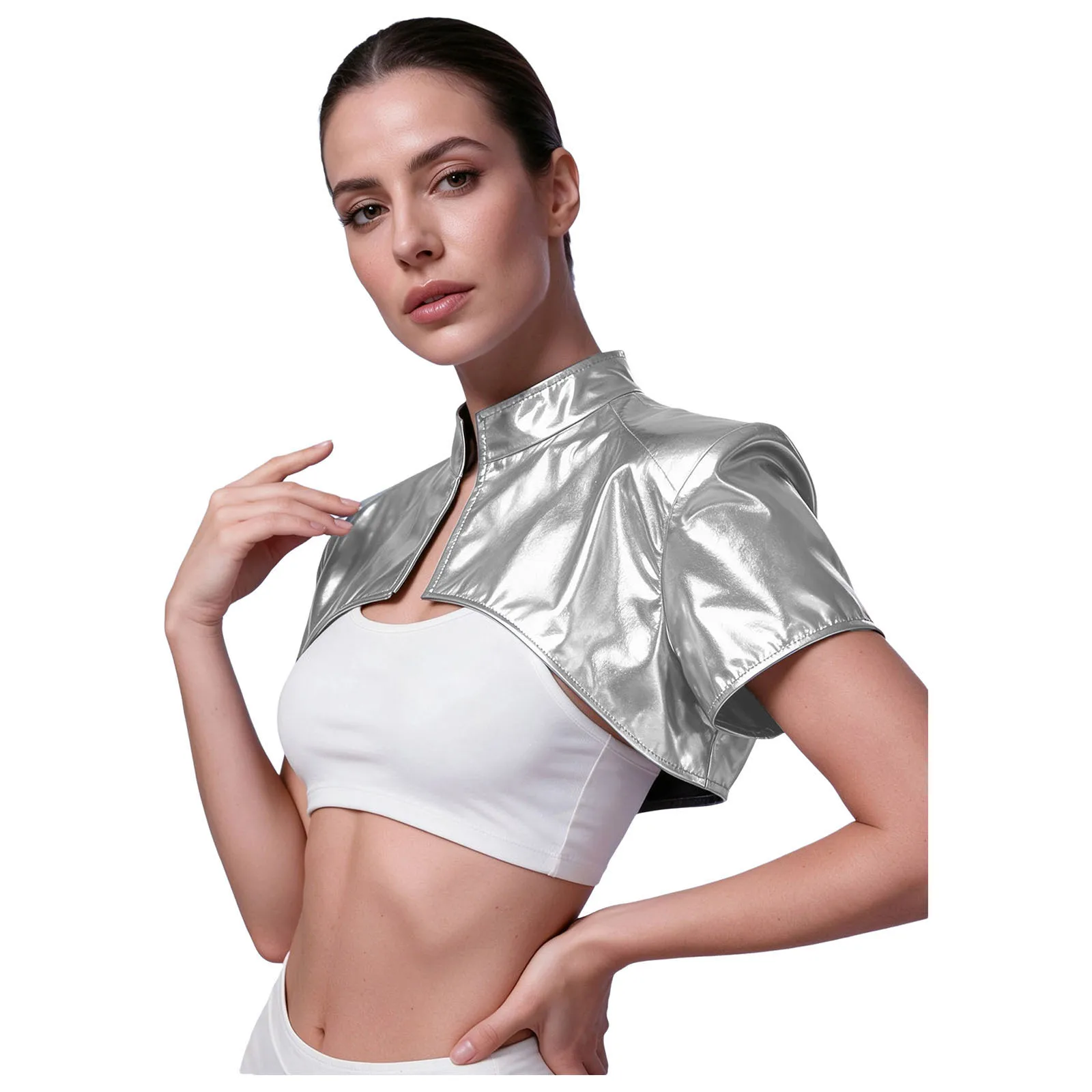 Women Front Zipper Stand Collar Cropped Shrug Jacket Tops Metallic Finish Shoulder Pads Bolero Outerwear Stage Performance Top